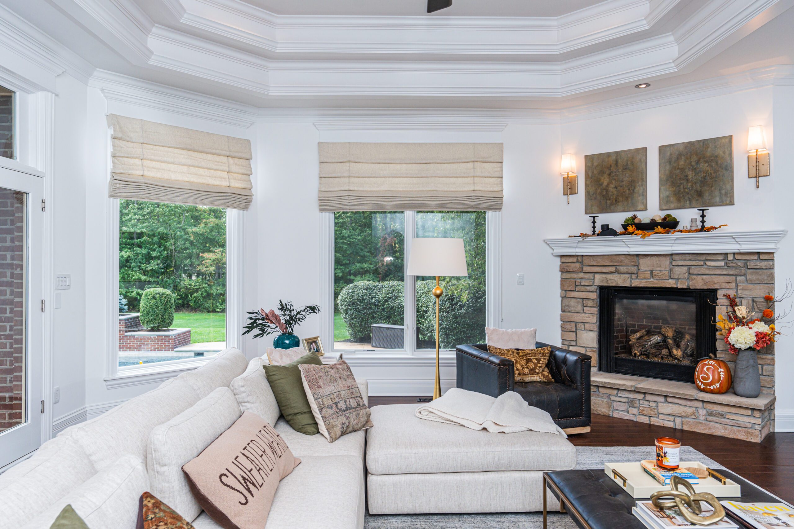 Hobbled Roman shades in living room